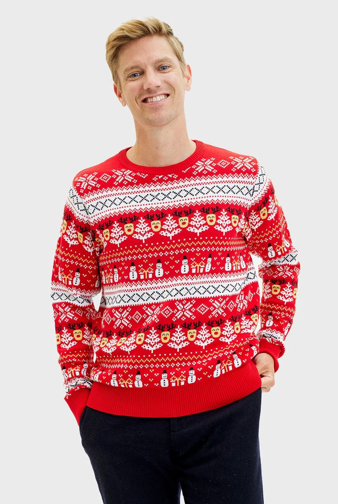 Jersey de Navidad Hombre Rojo Muñecos Nieve Cenefas Algodón Orgánico