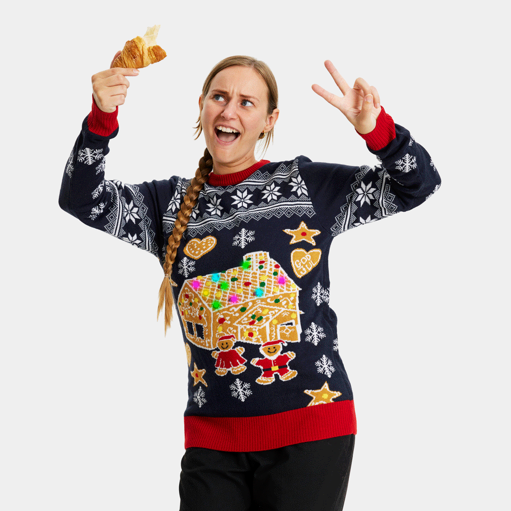 Casa Gingerbread Jersey de Navidad de Luces LED Mujer