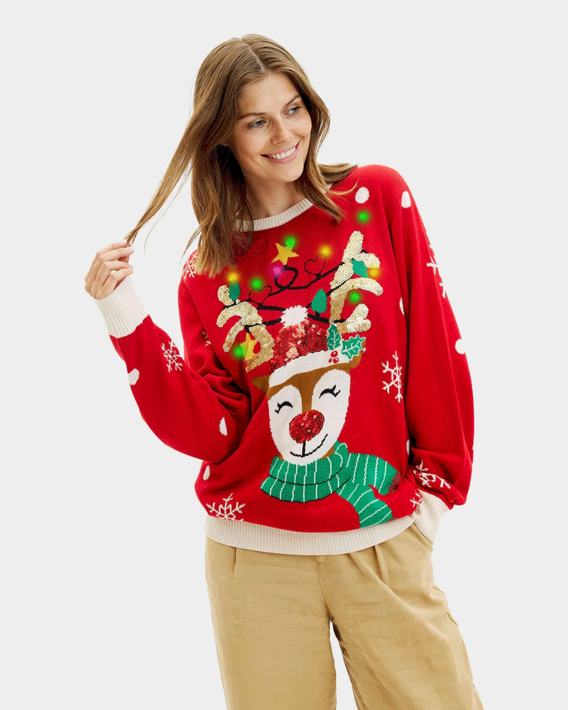 Jersey de Navidad Luces LED mujer Reno Brillante con Lentejuelas