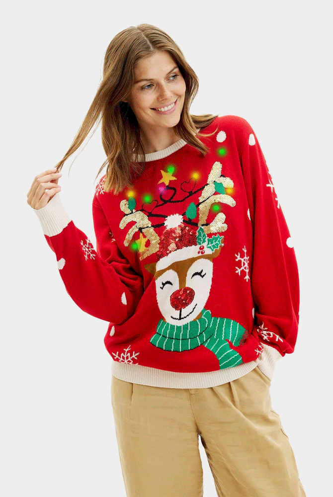 Jersey de Navidad Luces LED mujer Reno Brillante con Lentejuelas