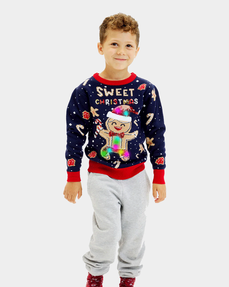 Jersey de Navidad Cookie Luces LED Niño Azul Ginger