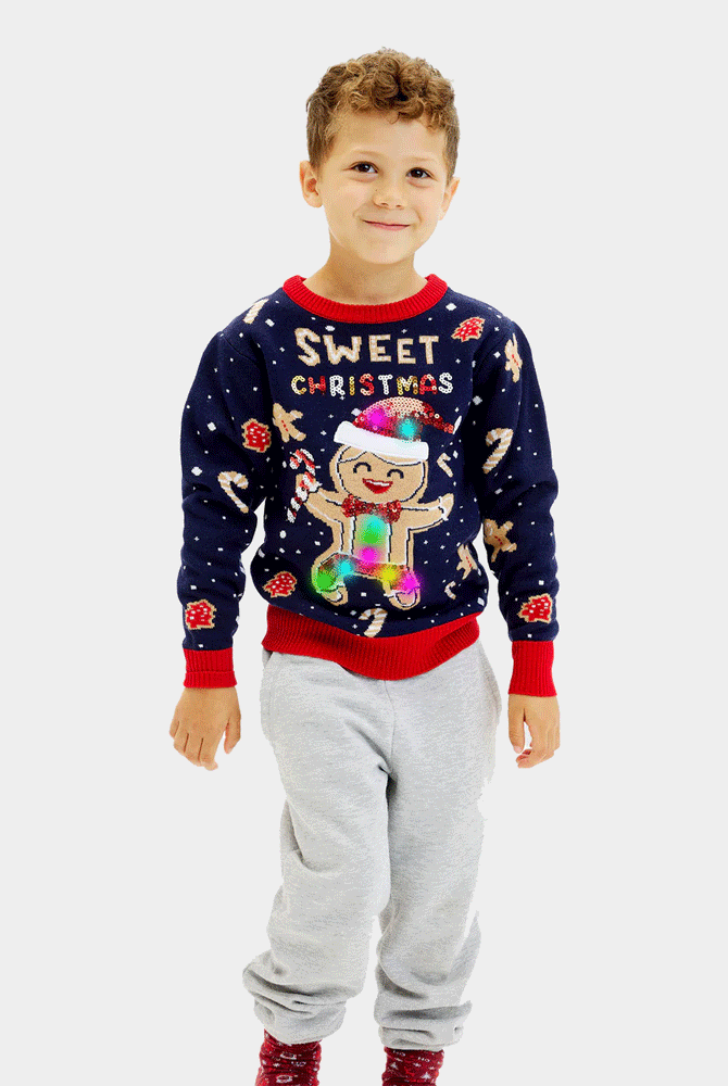 Jersey de Navidad Cookie Luces LED Niño Azul Ginger
