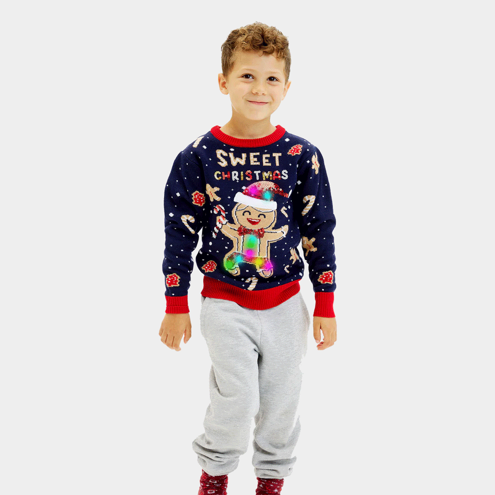 Jersey de Navidad Cookie Luces LED Niño Azul Ginger
