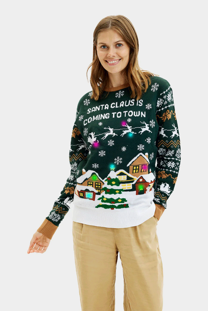 Jersey de Navidad con Luces LED de Parejas Santa is Coming to Town Mujer
