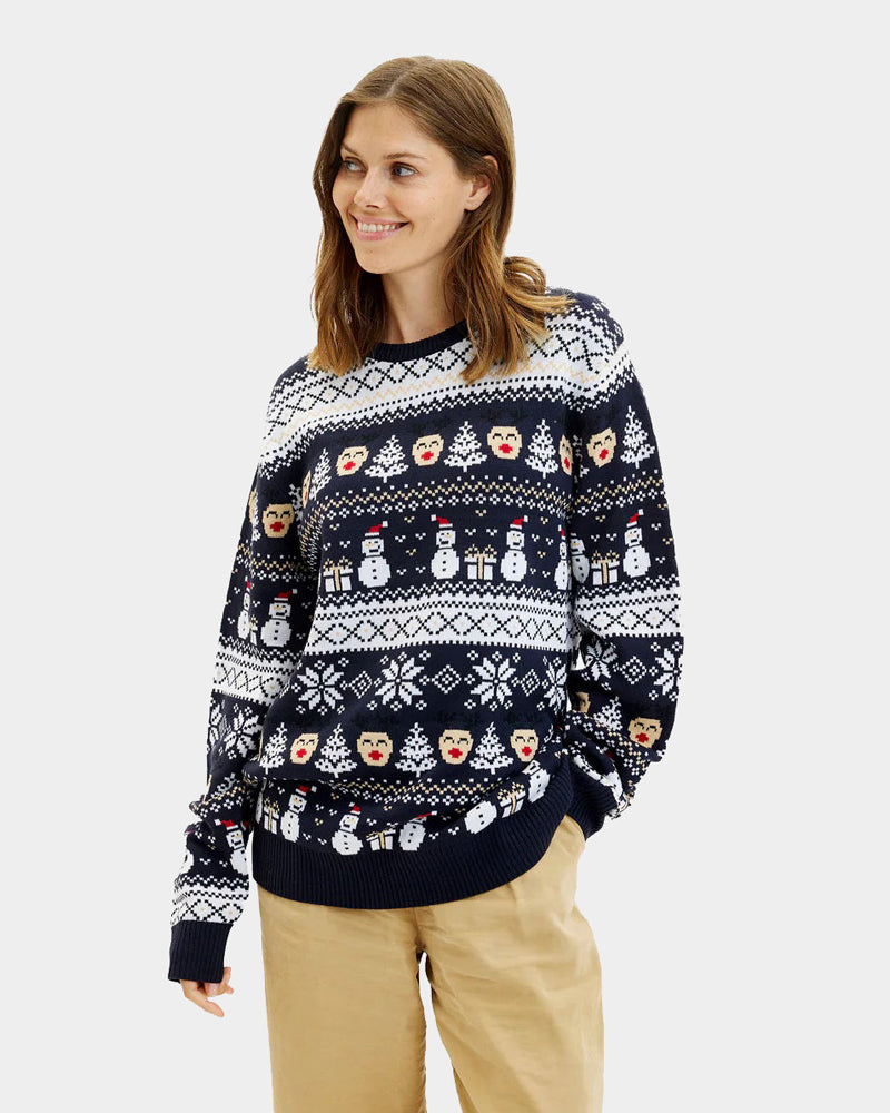 Jersey de Navidad para Mujer Azul Muñecos de Nieve y Cenefas