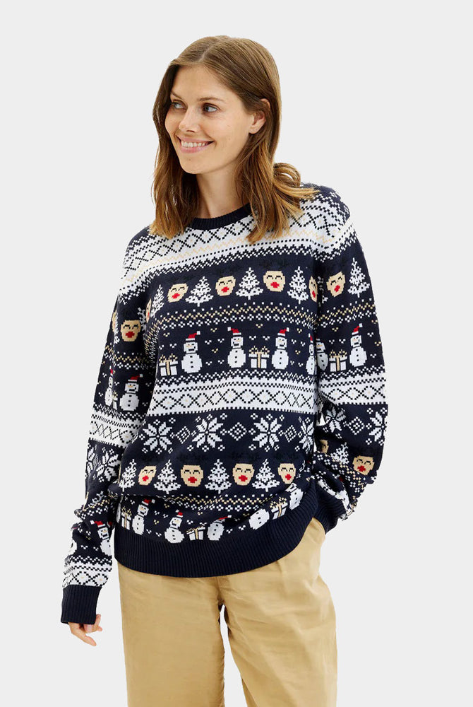 Jersey de Navidad para Mujer Azul Muñecos de Nieve y Cenefas