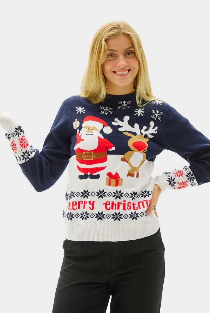 Papá Noel y Reno Rudolph Jersey de Navidad Azul Mujer