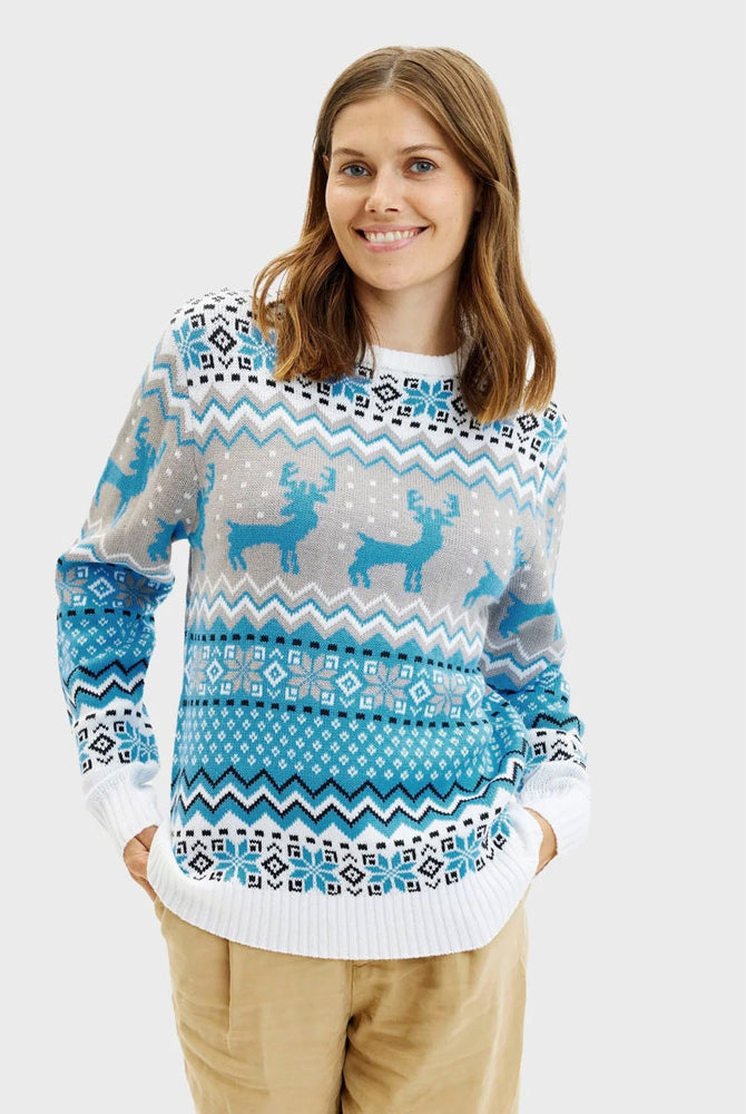 Jersey de Navidad para Mujer Blanco, Gris y Azul con Renos Elegante