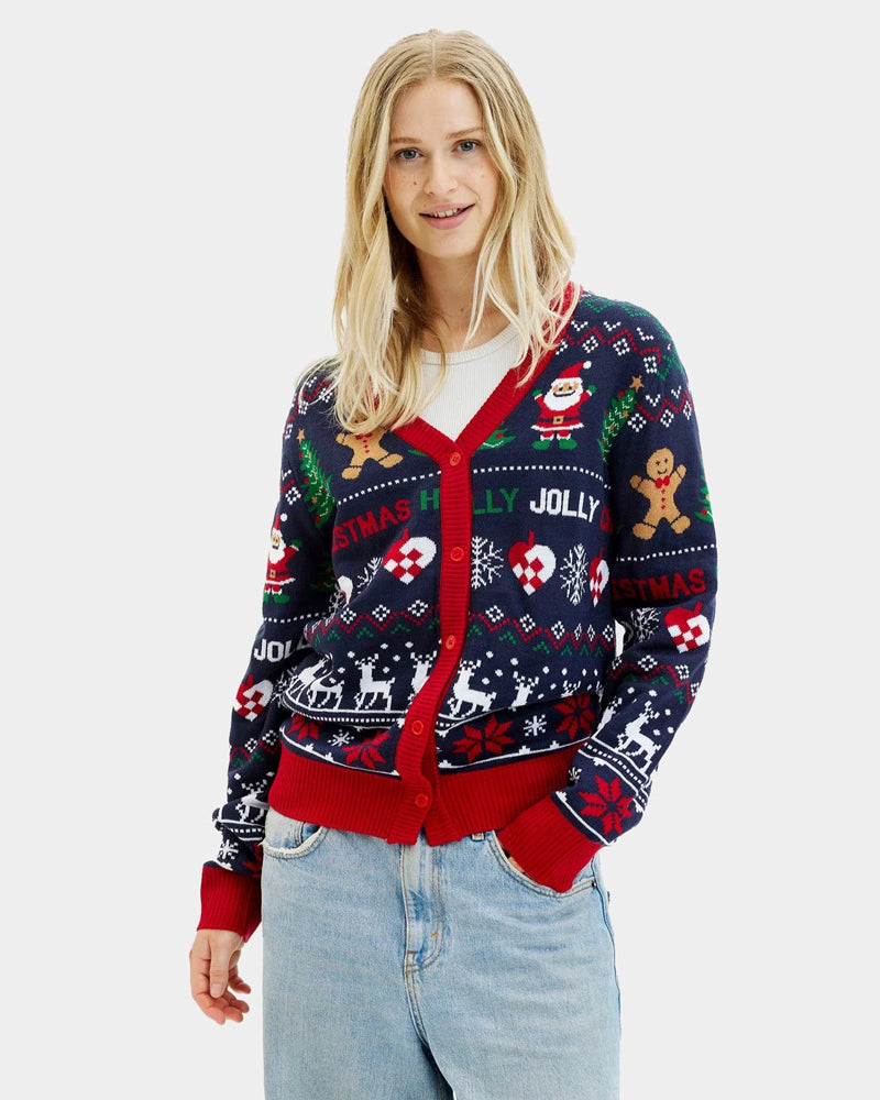Jersey de Navidad para Mujer Cárdigan Azul y Rojo