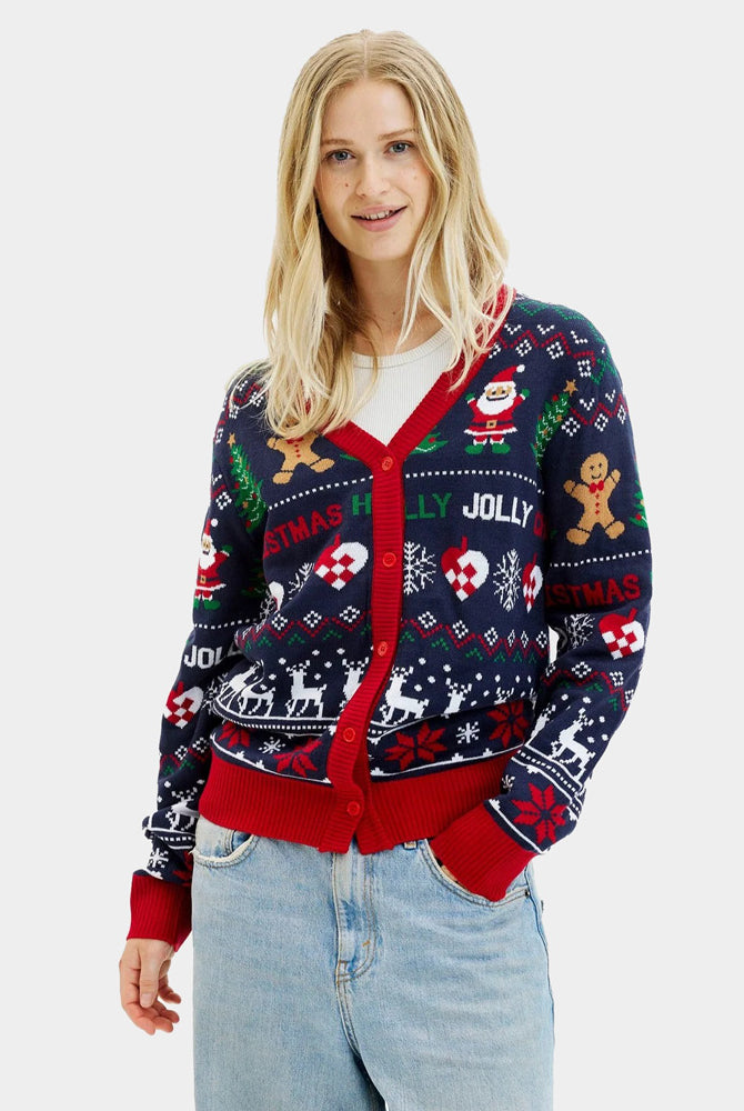 Jersey de Navidad para Mujer Cárdigan Azul y Rojo