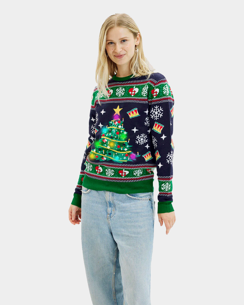 Jersey de Navidad con Luces LED para Mujer Azul Árbol Navidad