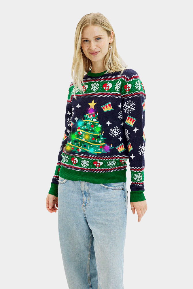 Jersey de Navidad con Luces LED para Mujer Azul Árbol Navidad