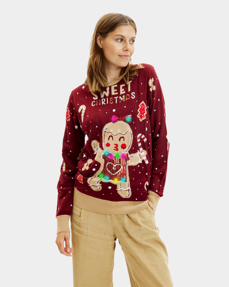Jersey de Navidad Ginger Cookie Luces LED para Mujer Rojo