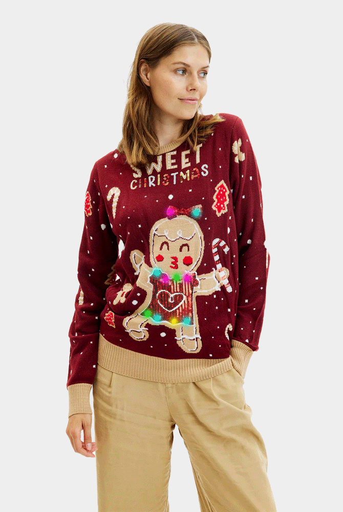 Jersey de Navidad Ginger Cookie Luces LED para Mujer Rojo