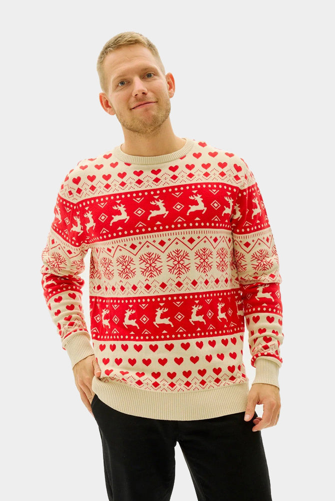 Jersey de Navidad Mujer Corazones Hombre Rojos Beige Algodón Orgánico