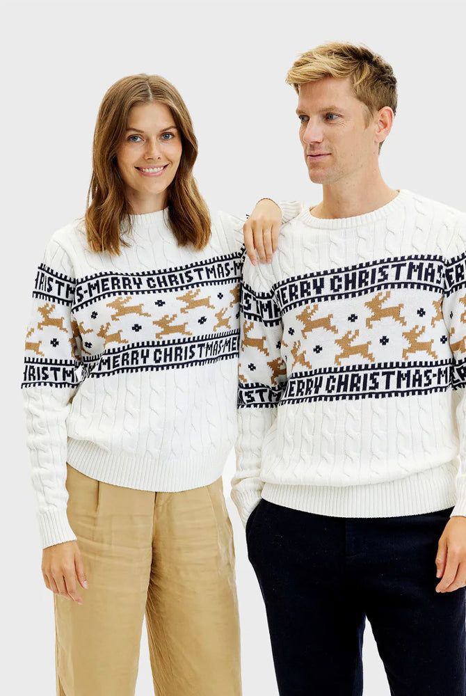 Jersey de Navidad Hombre y Mujer Elegante Blanco Renos Algodón Orgánico