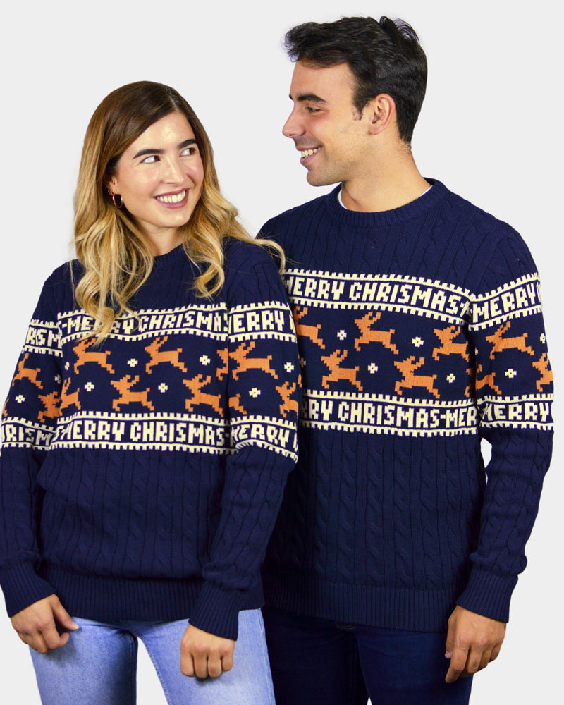 Jersey de Navidad para Mujer y Hombre Elegante Azul con Renos
