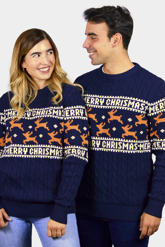 Jersey de Navidad para Mujer y Hombre Elegante Azul con Renos