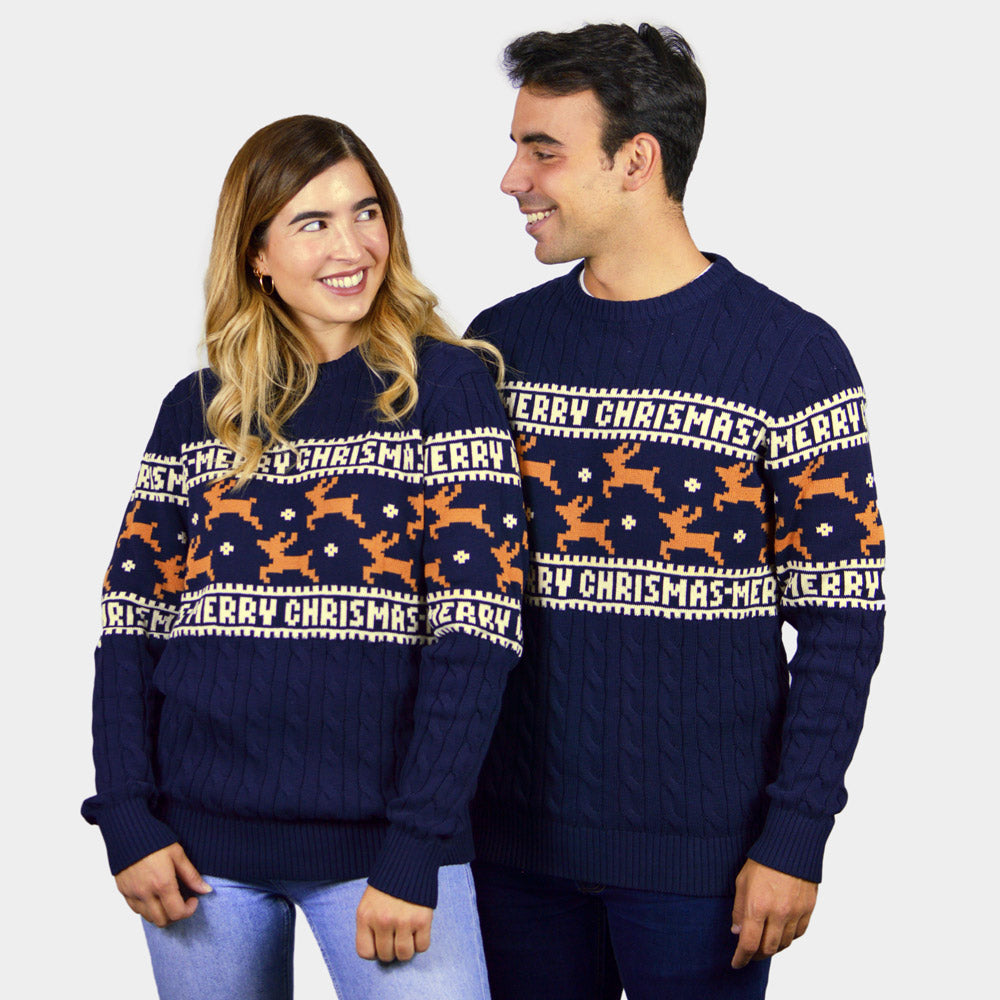 Jersey de Navidad para Mujer y Hombre Elegante Azul con Renos
