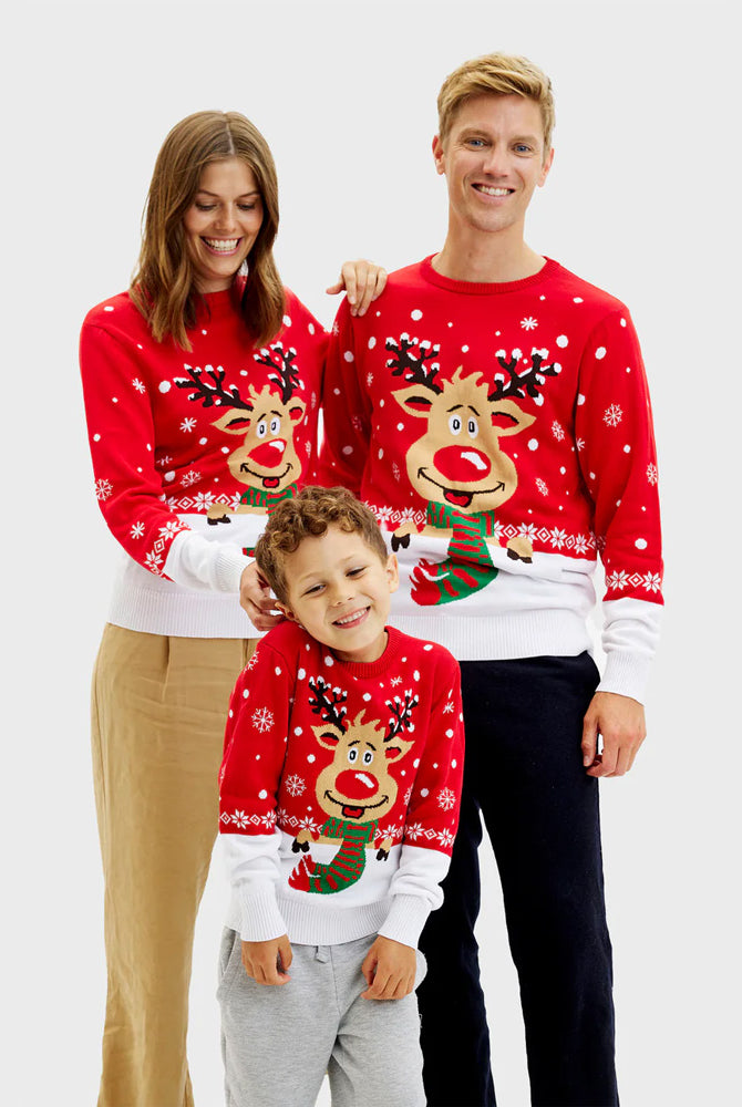 Jersey de Navidad Hombre Mujer y Niños Reno con Bufanda Algodón Orgánico