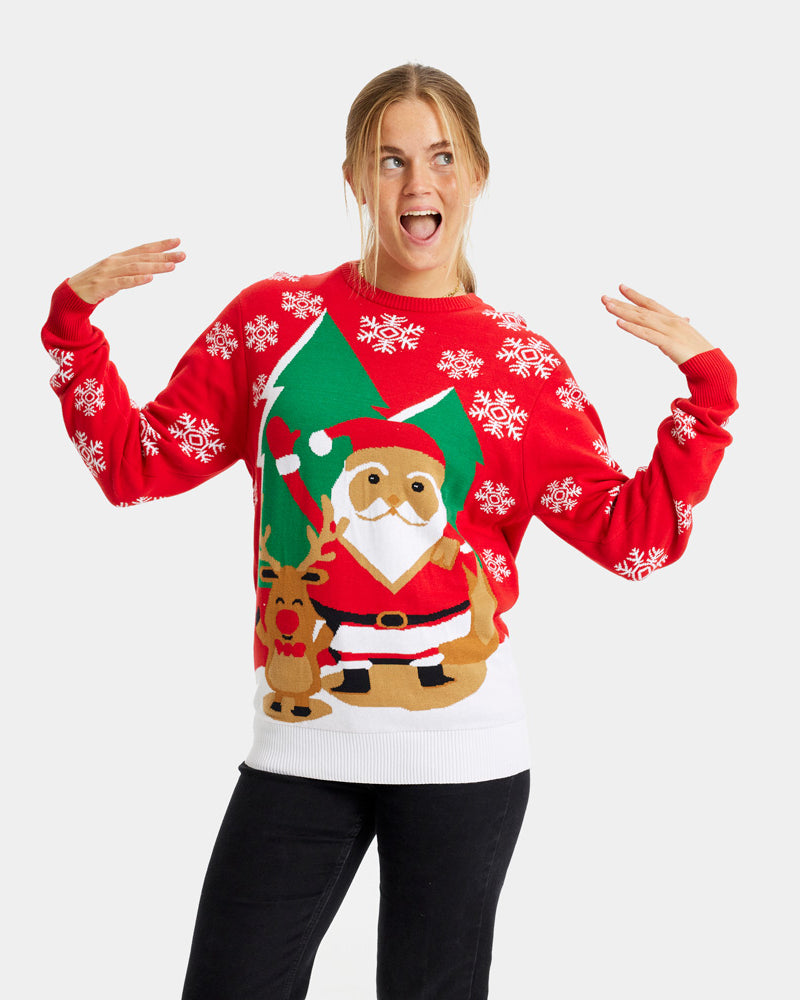 Jersey de Navidad Mujer Familia Rojo con Santa Claus y Reno Saludando