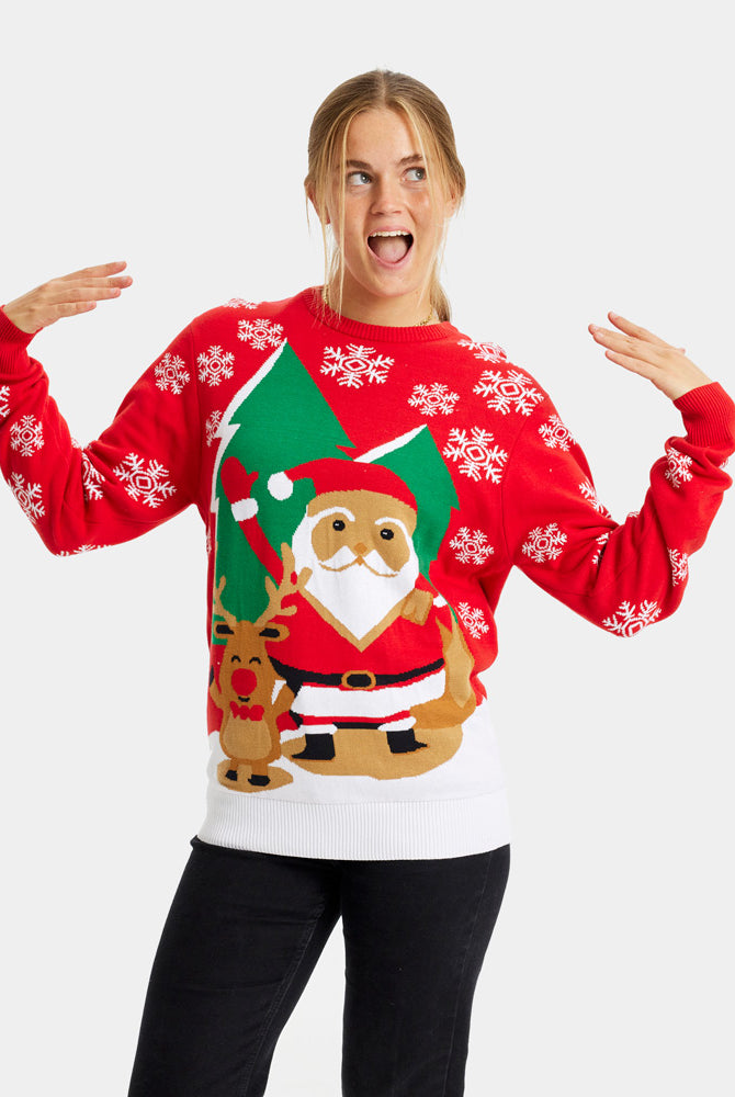 Jersey de Navidad Mujer Familia Rojo con Santa Claus y Reno Saludando