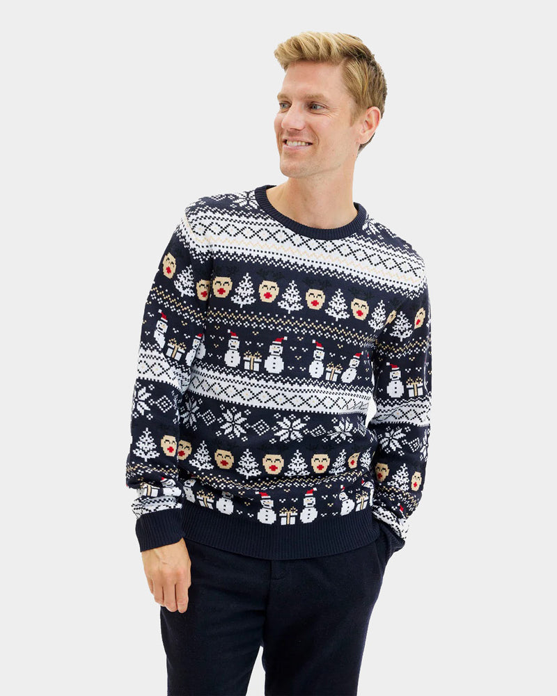 Jersey de Navidad Hombre y Mujer Azul Muñecos de Nieve y Cenefas