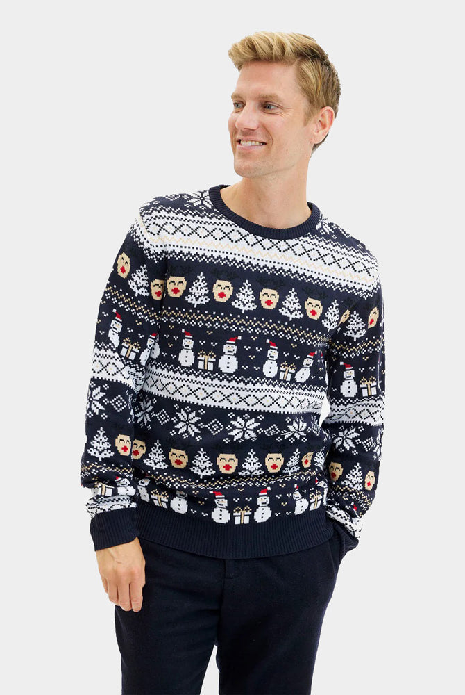 Jersey de Navidad Hombre y Mujer Azul Muñecos de Nieve y Cenefas
