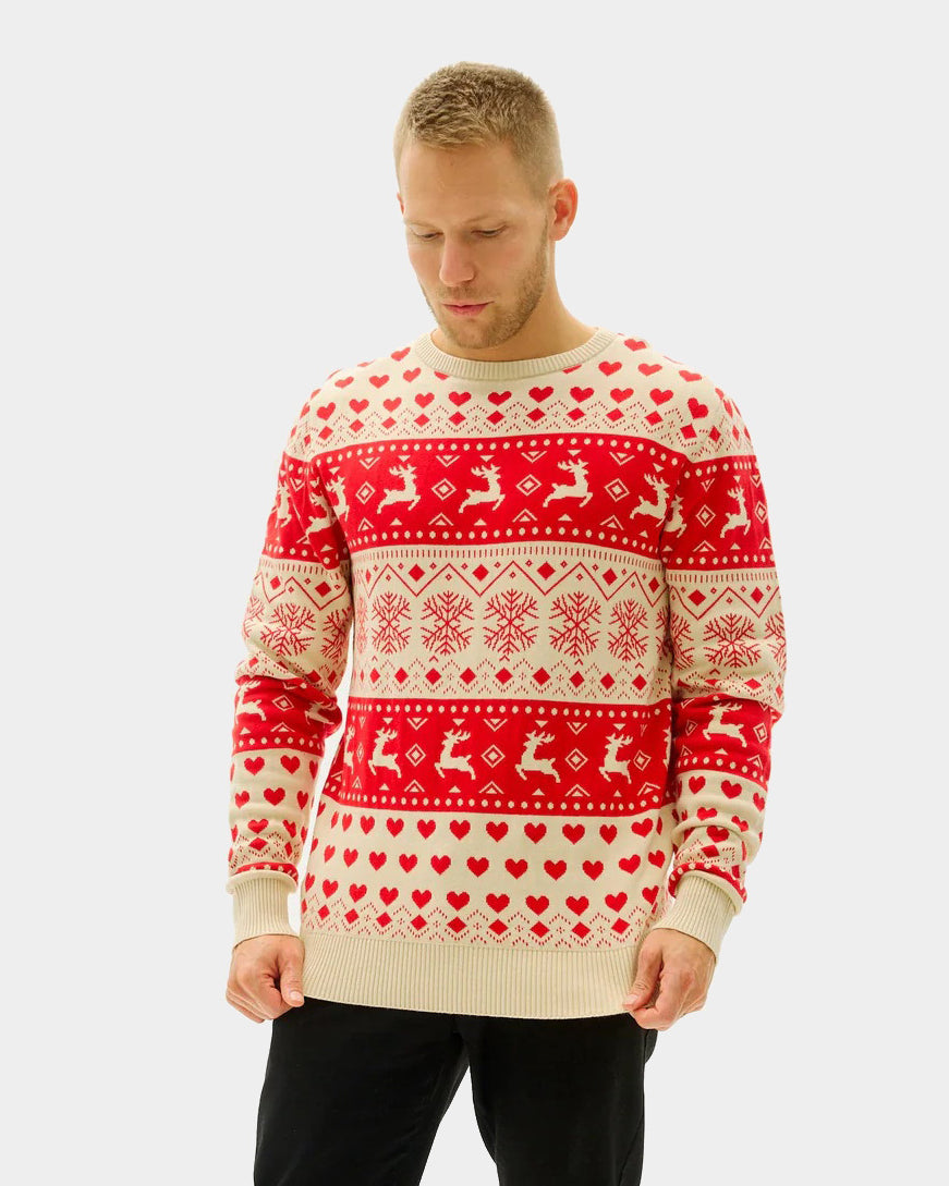 Jersey de Navidad Mujer y Hombre Corazones Rojos Beige Algodón Orgánico