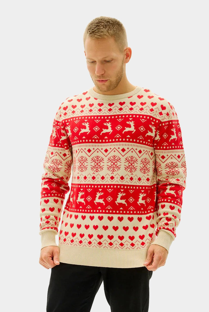 Jersey de Navidad Mujer y Hombre Corazones Rojos Beige Algodón Orgánico