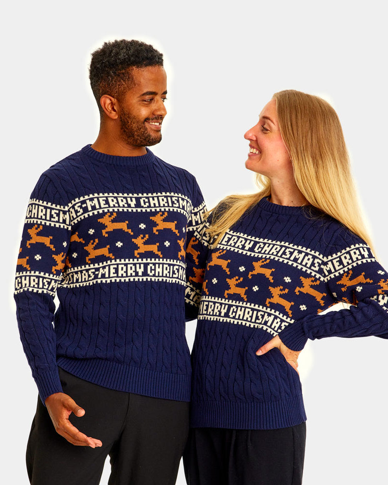 Jersey de Navidad para Mujer y Hombre Elegante Azul con Renos