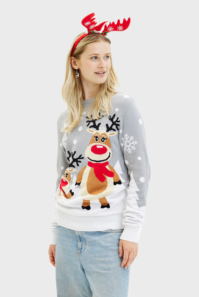 Jersey de Navidad Mujer y Hombre Gris con Renas Cute