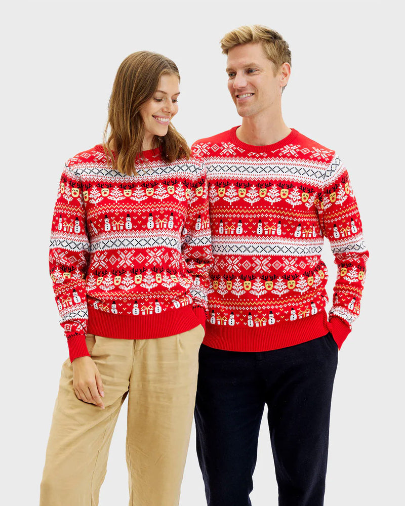 Jersey de Navidad Mujer y Hombre Rojo Muñecos Nieve Cenefas Algodón Orgánico