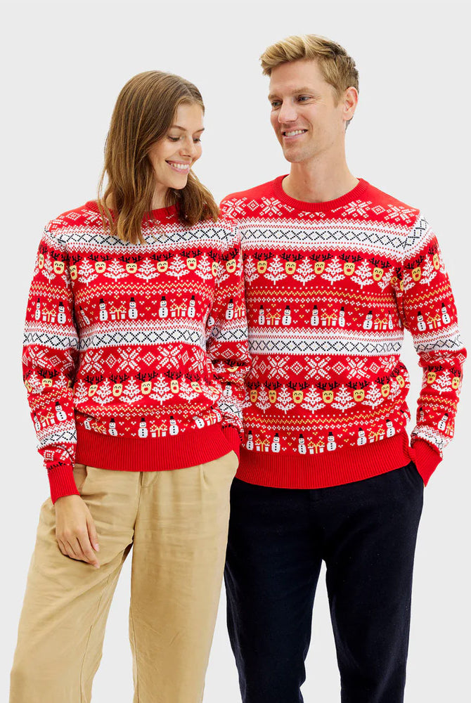 Jersey de Navidad Mujer y Hombre Rojo Muñecos Nieve Cenefas Algodón Orgánico