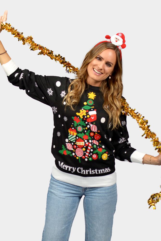 Jersey de Navidad para Mujer Negro con Árbol de Navidad