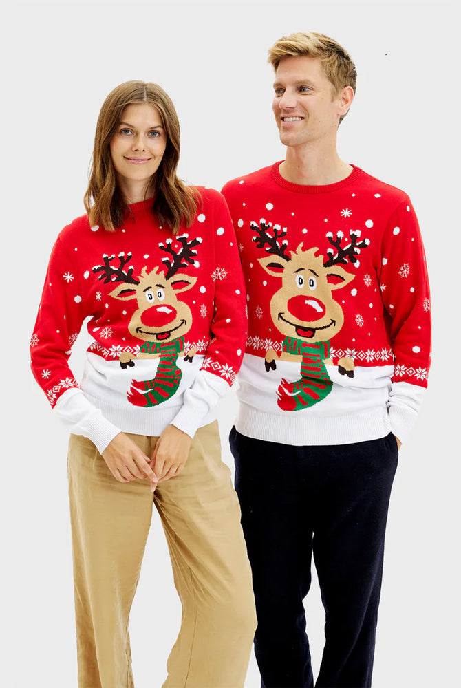 Jersey de Navidad Mujer y Hombre Reno con Bufanda Algodón Orgánico