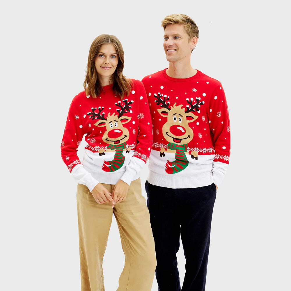 Jersey de Navidad Mujer y Hombre Reno con Bufanda Algodón Orgánico