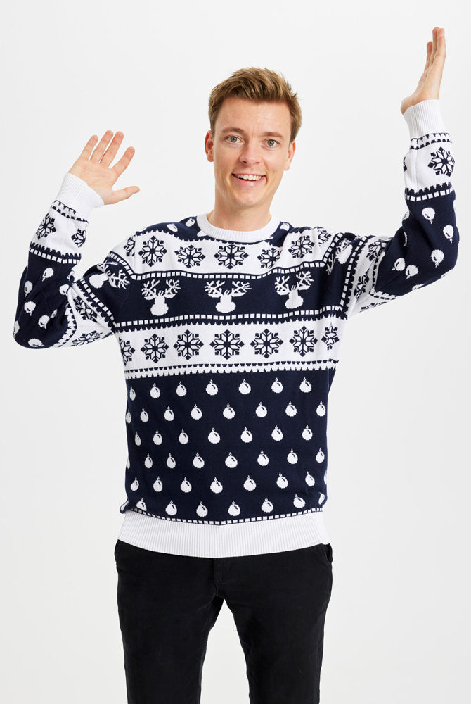Jersey de Navidad para Mujer Hombre Renos y Nieve Azul