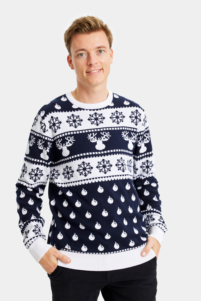 Jersey de Navidad Hombre Mujer con Renos y Nieve Azul