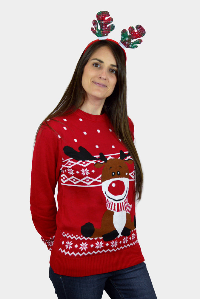 Jersey de Navidad Mujer Rojo Reno Rudolph Bufanda