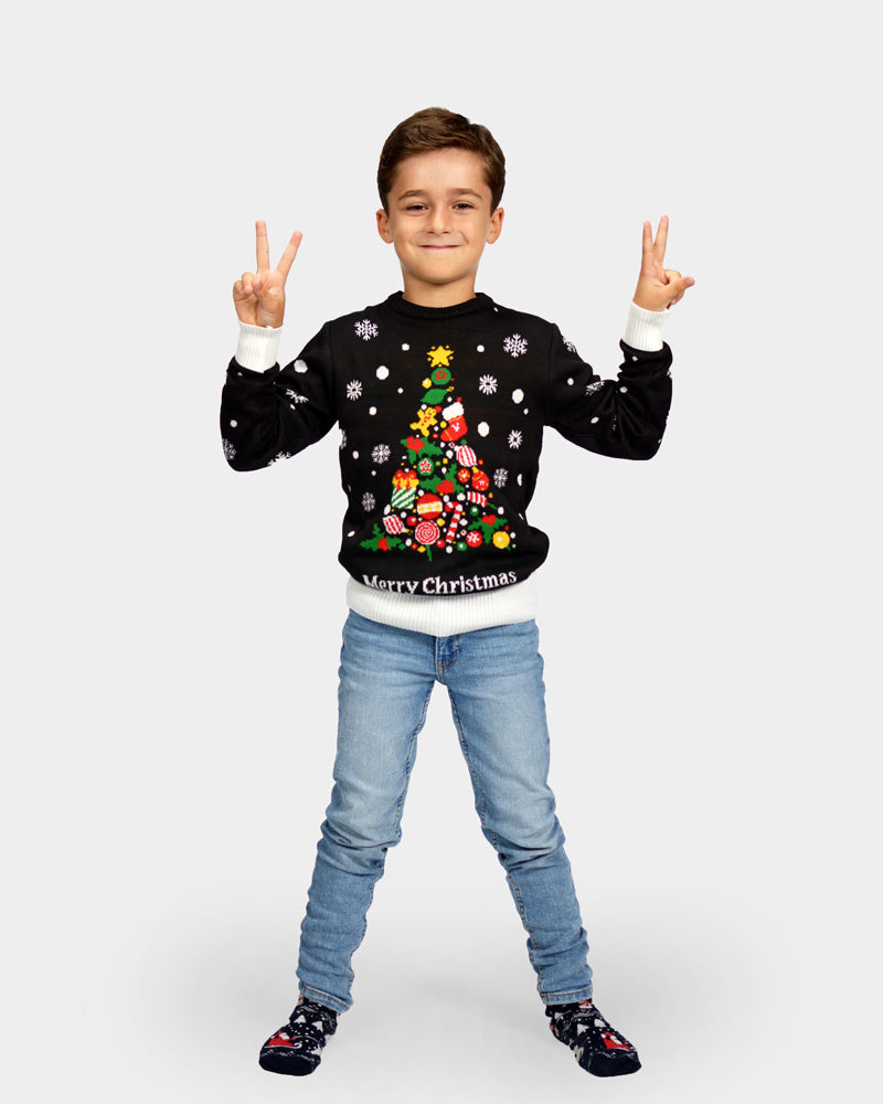 Jersey de Navidad con Árbol de Navidad para Niña y Niño Negro