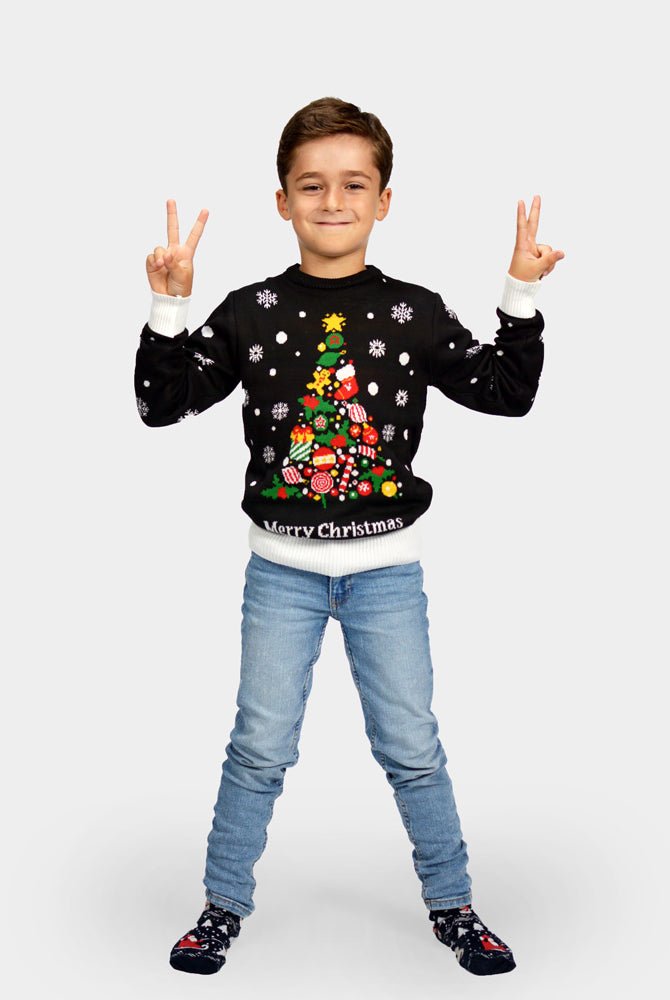 Jersey de Navidad con Árbol de Navidad para Niña y Niño Negro