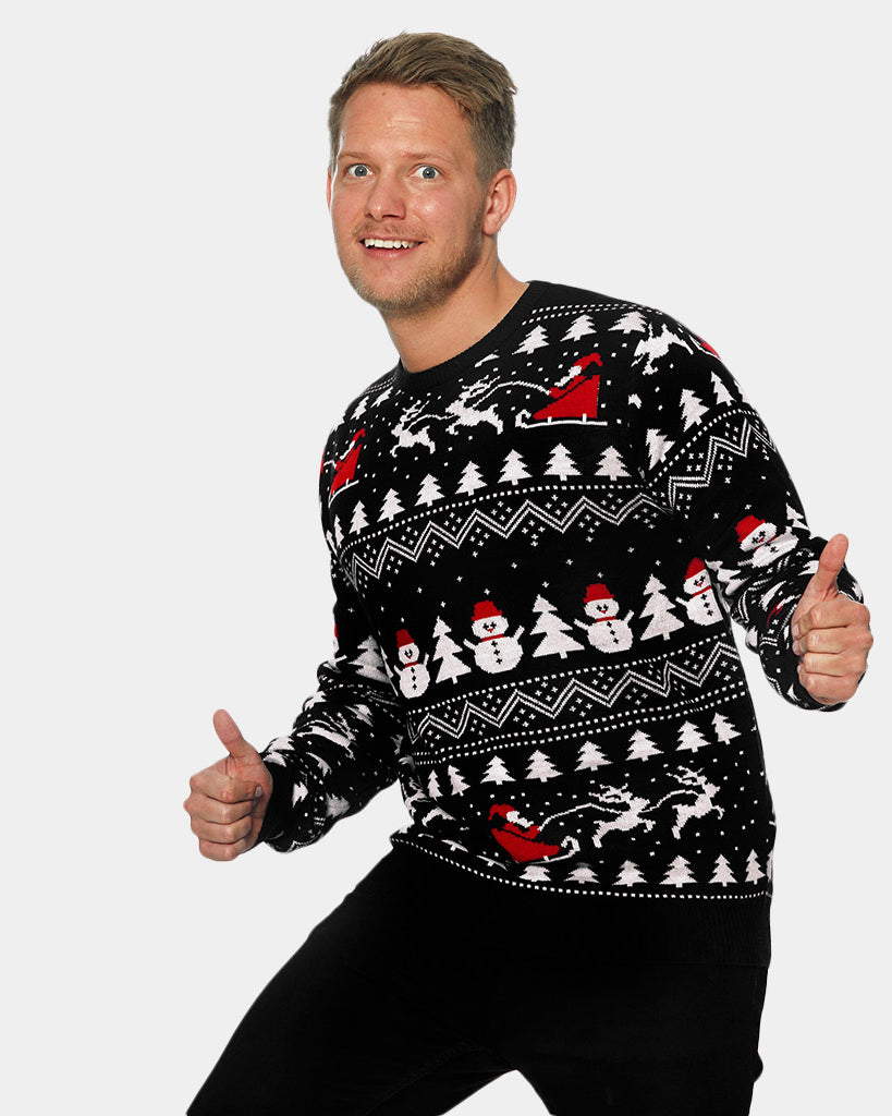 Jersey de Navidad Árboles, Muñecos y Papá Noel Negro Hombre