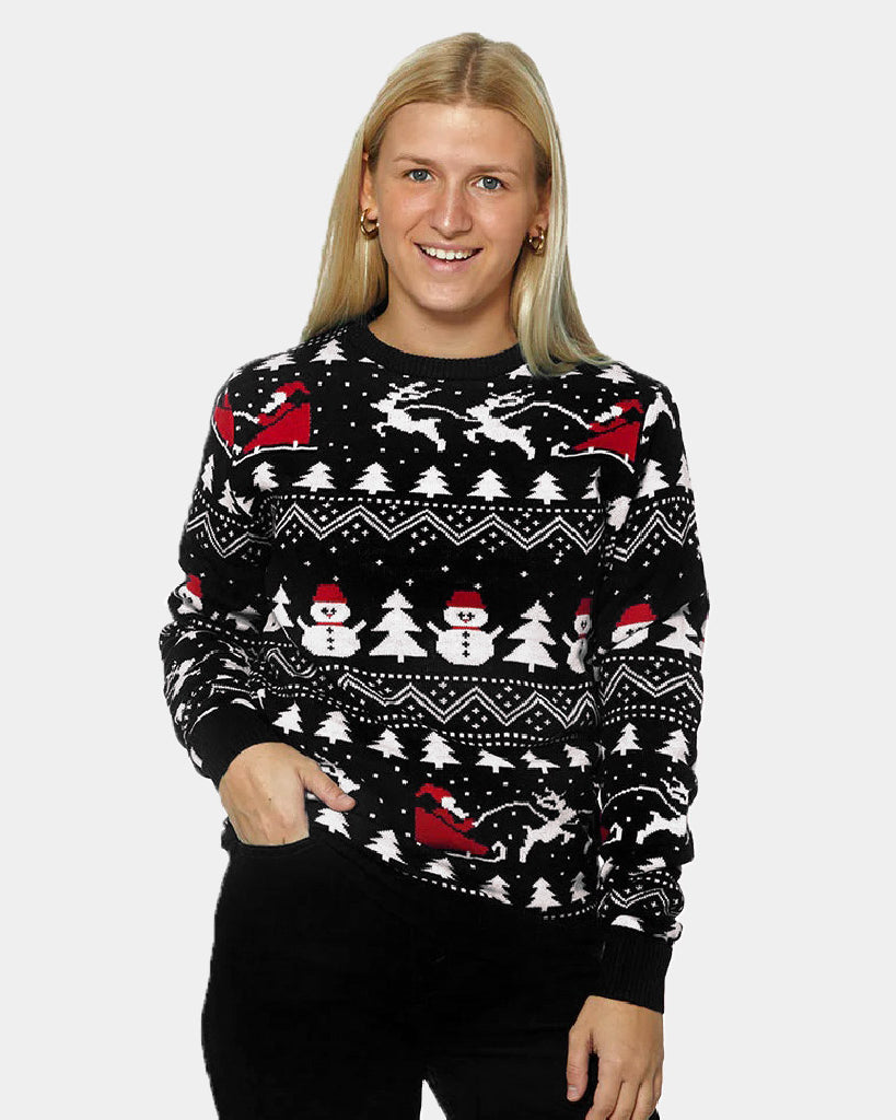 Jersey de Navidad Mujer Negro Árboles, Muñecos y Papá Noel