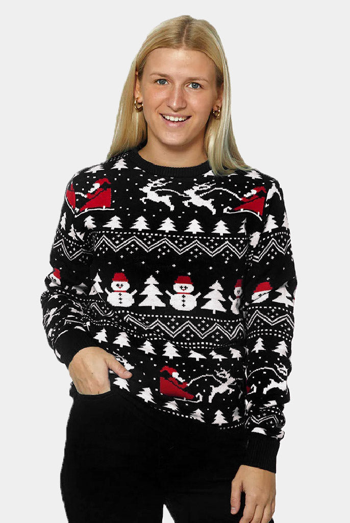Jersey de Navidad Mujer Negro Árboles, Muñecos y Papá Noel