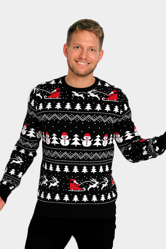 Jersey de Navidad Negro para Hombre Árboles, Muñecos y Papá Noel