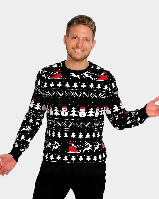 Jersey de Navidad Negro para Hombre Árboles, Muñecos y Papá Noel