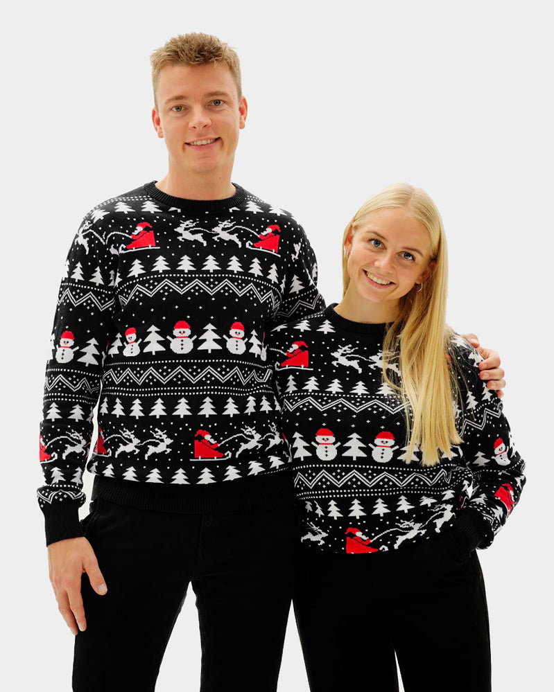 Jersey de Navidad Negro de Parejas Árboles, Muñecos y Papá Noel