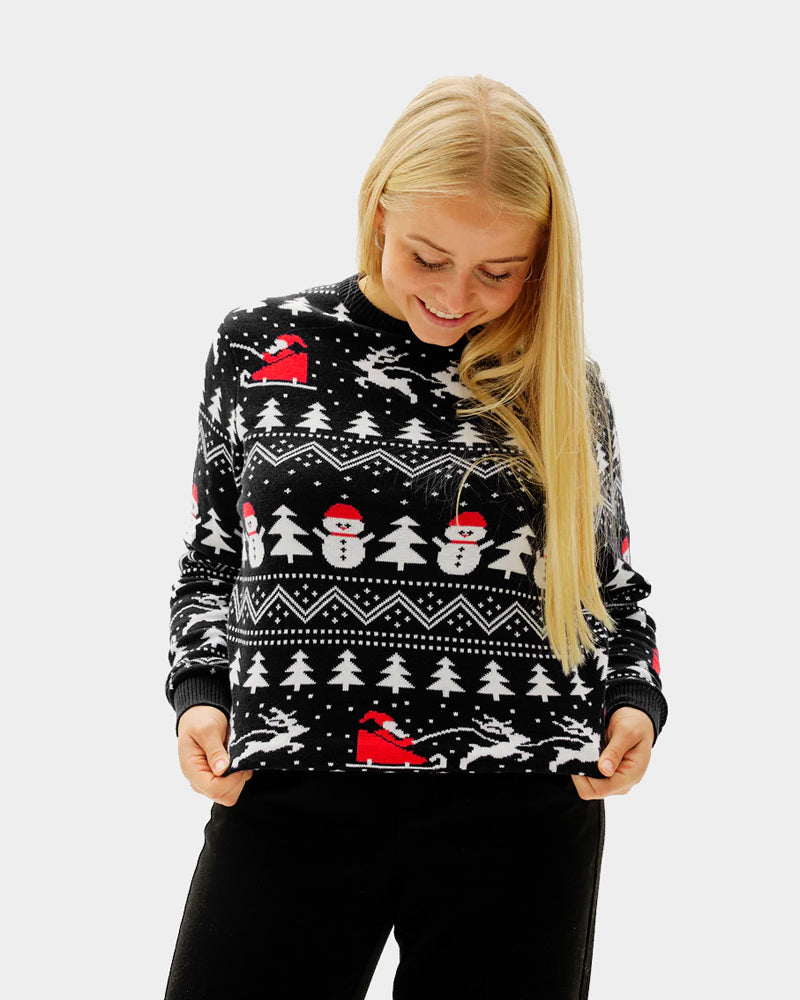 Jersey de Navidad Negro para Mujer Árboles, Muñecos y Papá Noel