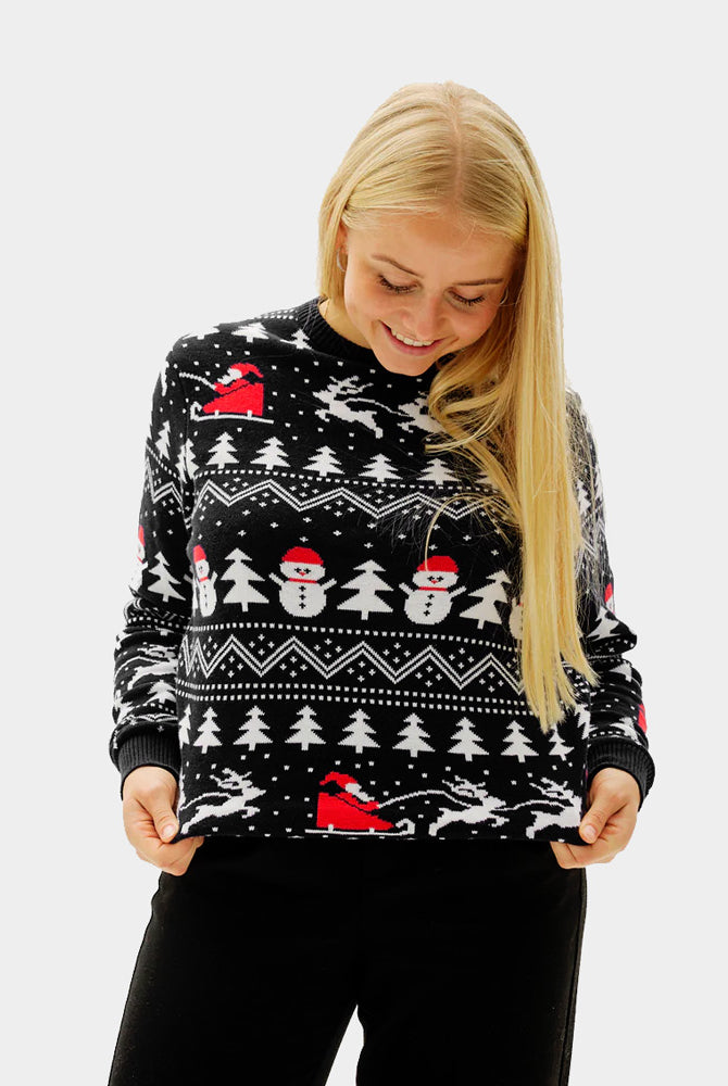 Jersey de Navidad Negro para Mujer Árboles, Muñecos y Papá Noel